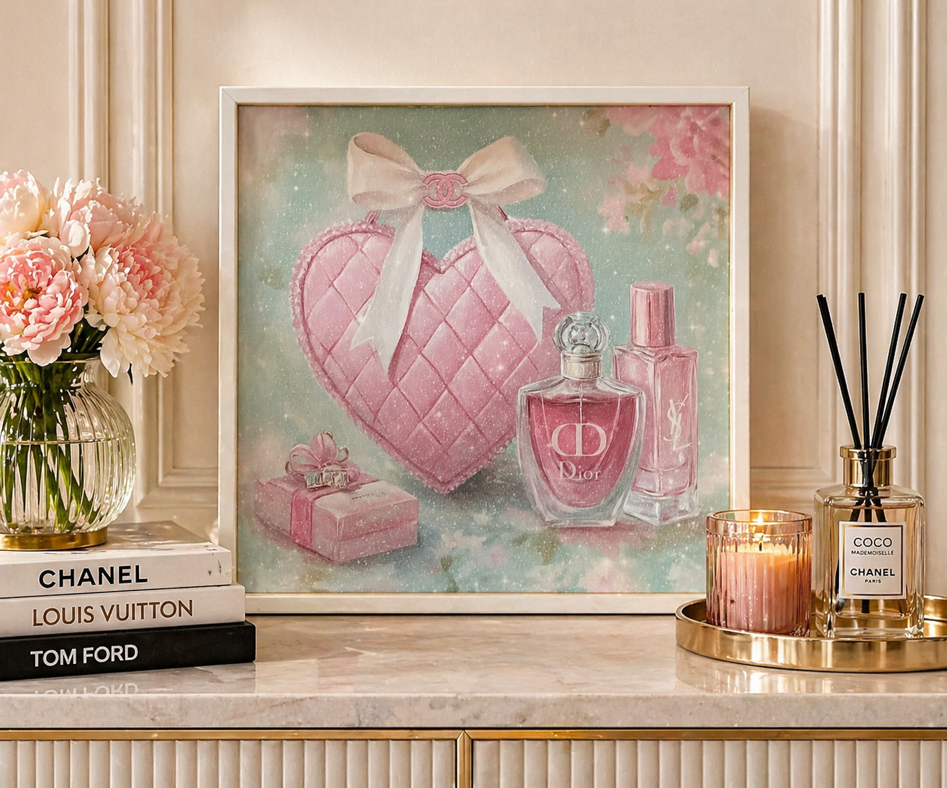 Chanel Christian Dior Pink Heart Perfume Wall Art Framed Luxury Glam Feminine Bedroom Decor