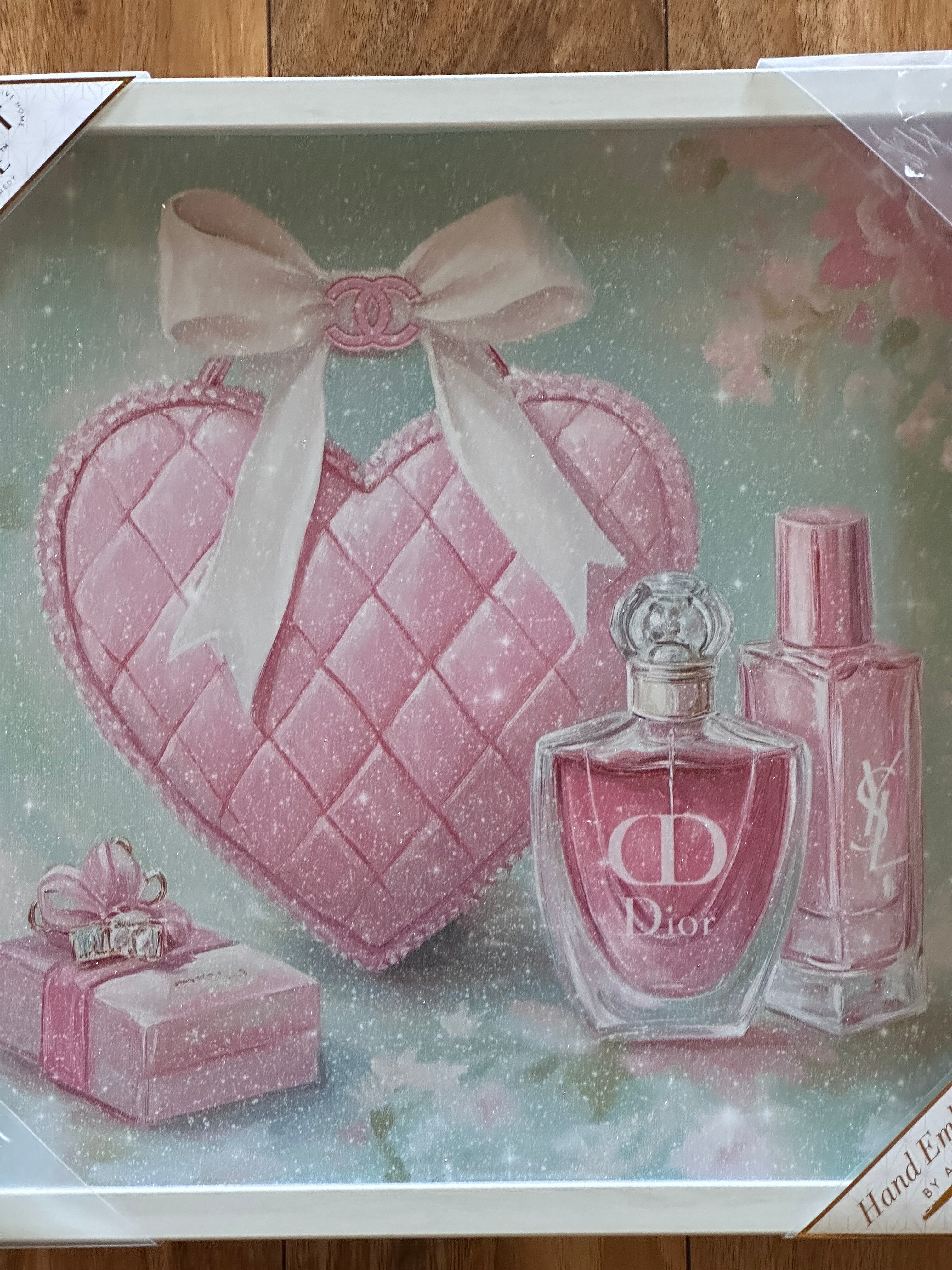 Chanel Christian Dior Pink Heart Perfume Wall Art Framed Luxury Glam Feminine Bedroom Decor
