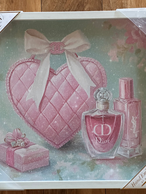 Chanel Christian Dior Pink Heart Perfume Wall Art Framed Luxury Glam Feminine Bedroom Decor