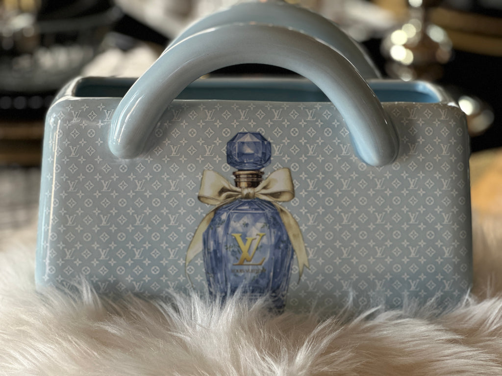 Louis Vuitton Blue Ceramic Handbag Vase Luxury Designer Perfume Decor Glam Home Accent