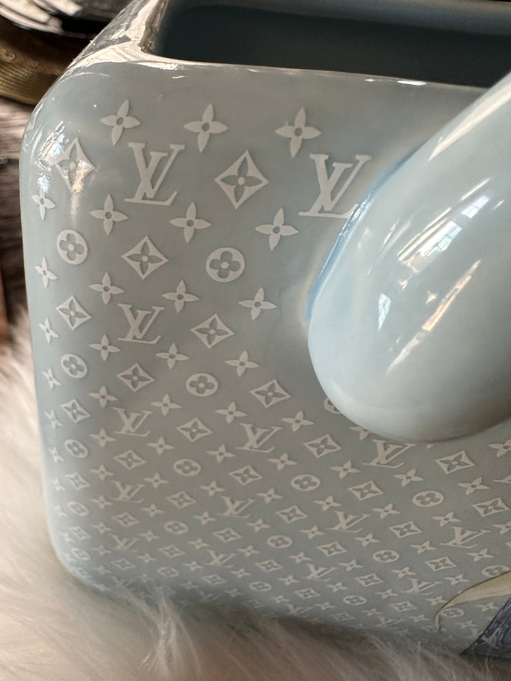 Louis Vuitton Blue Ceramic Handbag Vase Luxury Designer Perfume Decor Glam Home Accent