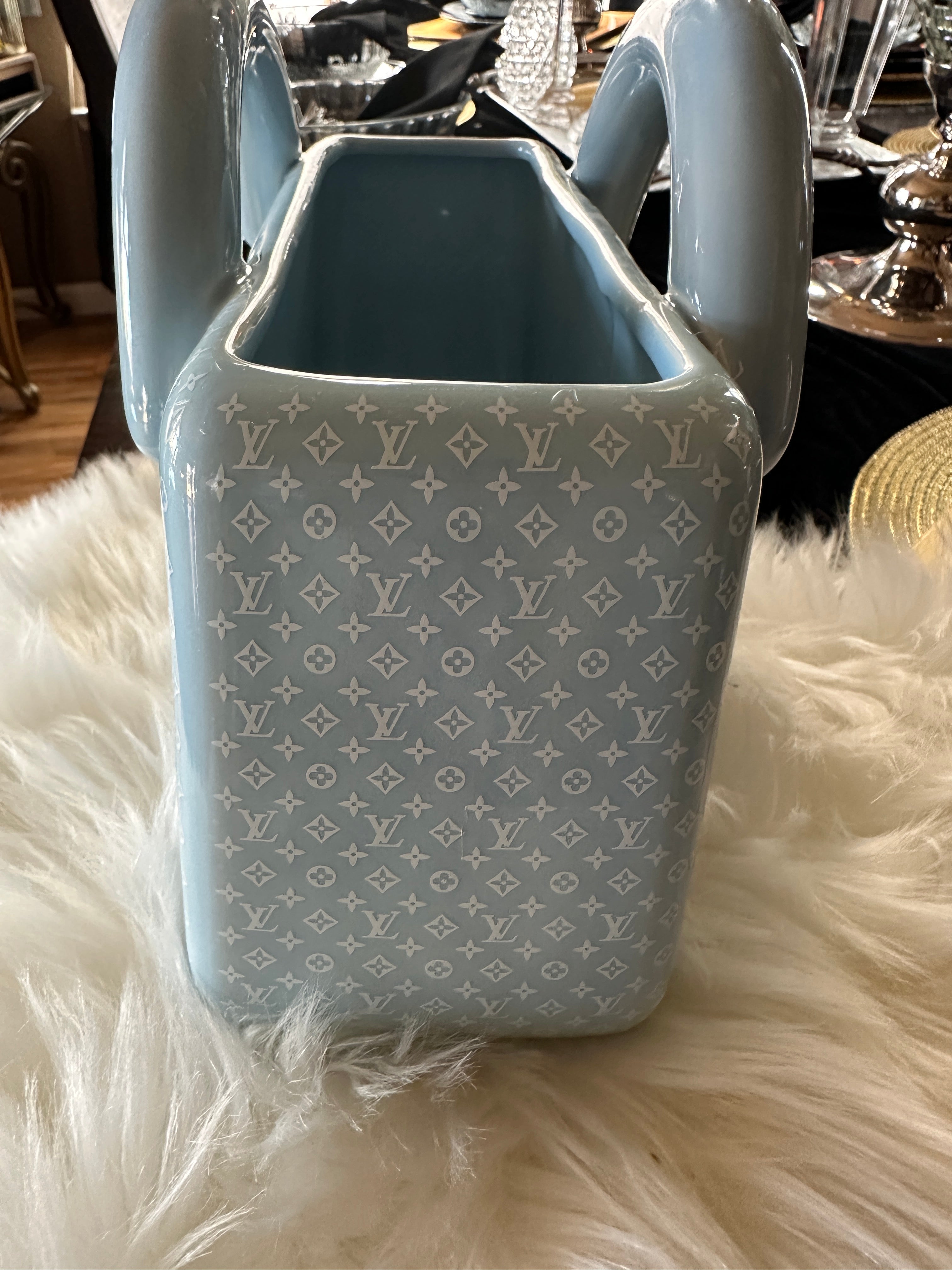Louis Vuitton Blue Ceramic Handbag Vase Luxury Designer Perfume Decor Glam Home Accent