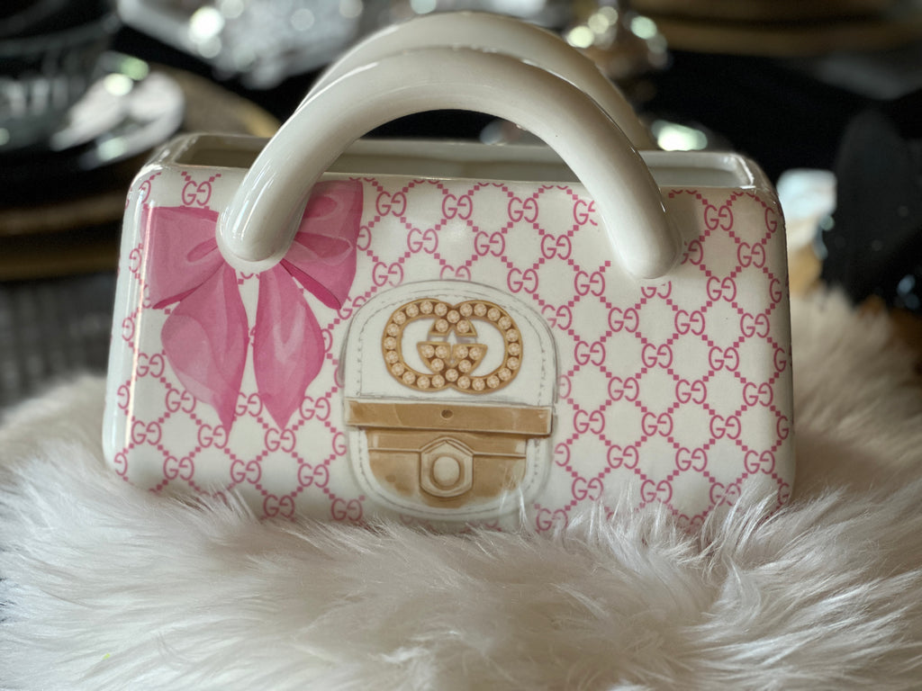 Gucci Pink Ceramic Handbag Vase Luxury Designer Purse Decor Glam Vanity Home Accent