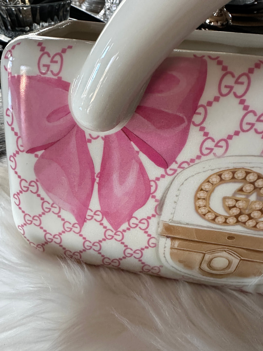 Gucci Pink Ceramic Handbag Vase Luxury Designer Purse Decor Glam Vanity Home Accent