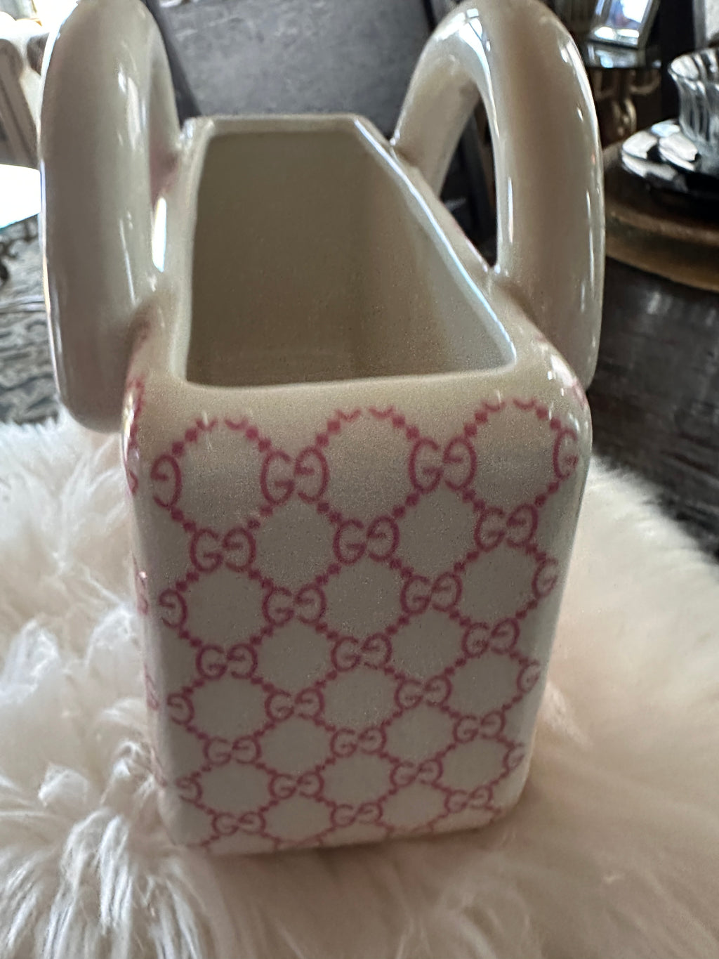 Gucci Pink Ceramic Handbag Vase Luxury Designer Purse Decor Glam Vanity Home Accent