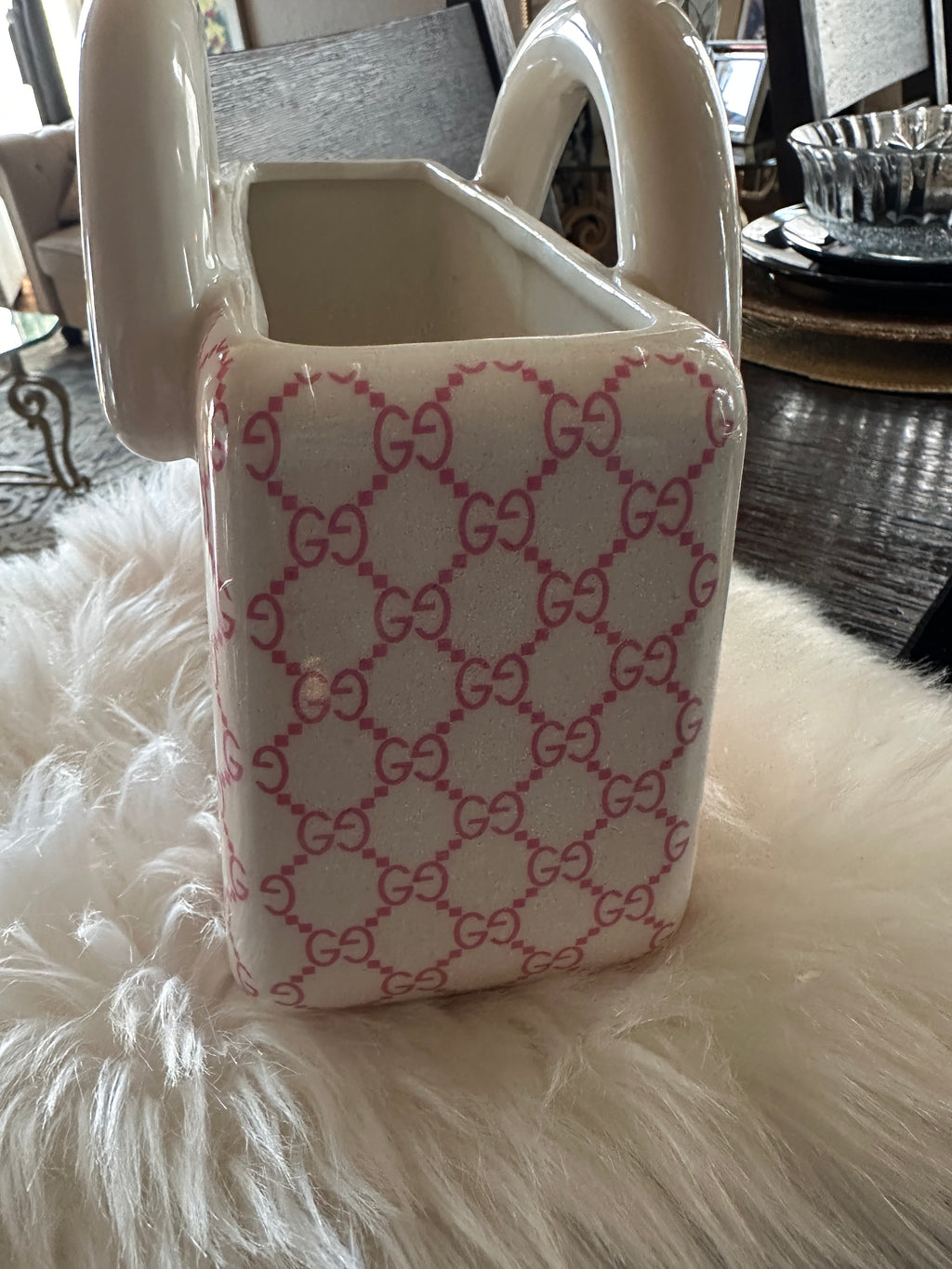 Gucci Pink Ceramic Handbag Vase Luxury Designer Purse Decor Glam Vanity Home Accent