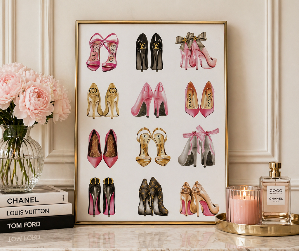 Luxury Designer Heels Wall Art Framed Fashion Shoe Print Glam Bedroom Decor Prada LV Gucci Inspired