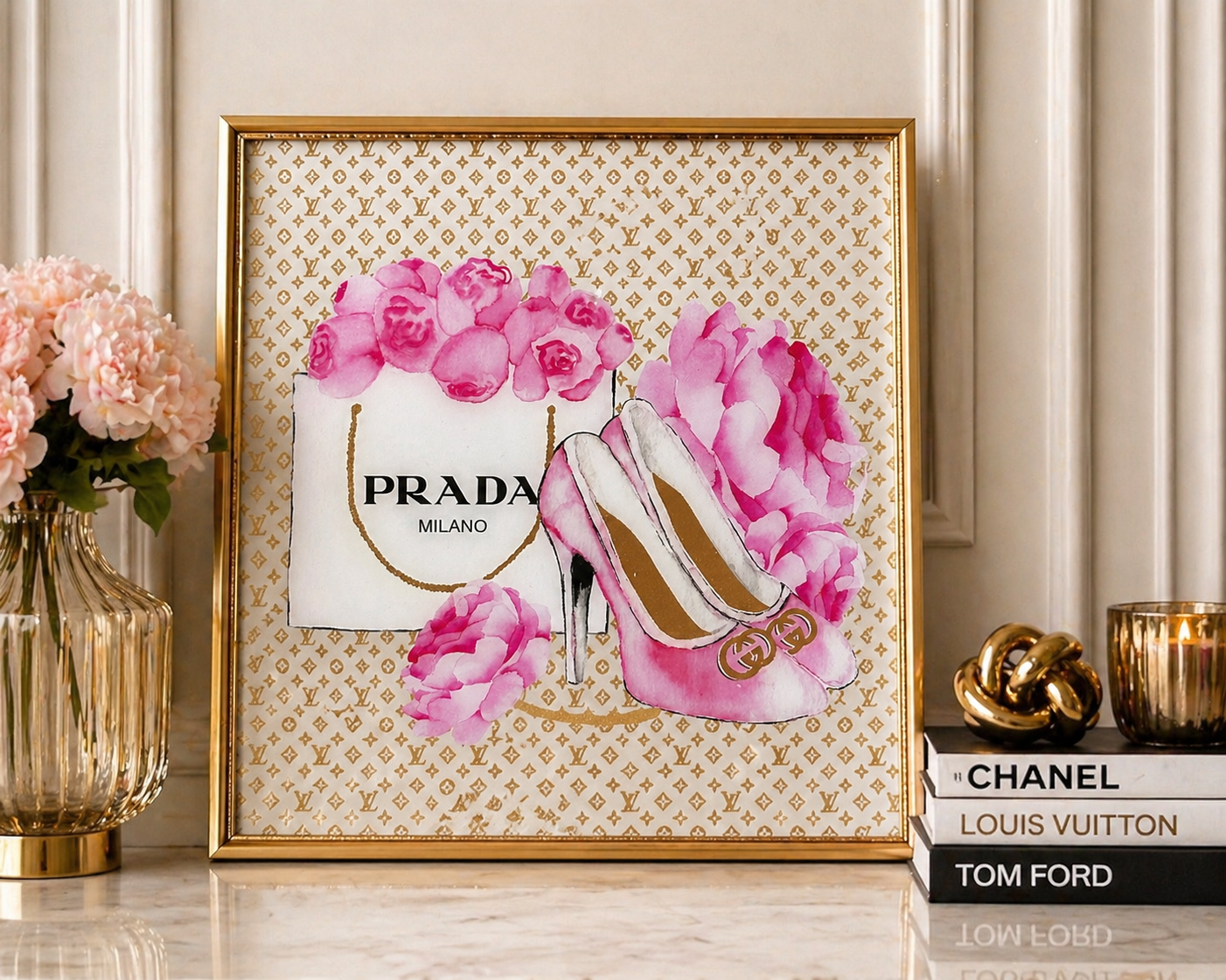 Prada Pink Heels Wall Art Framed Luxury Designer Fashion Print Glam Bedroom Decor
