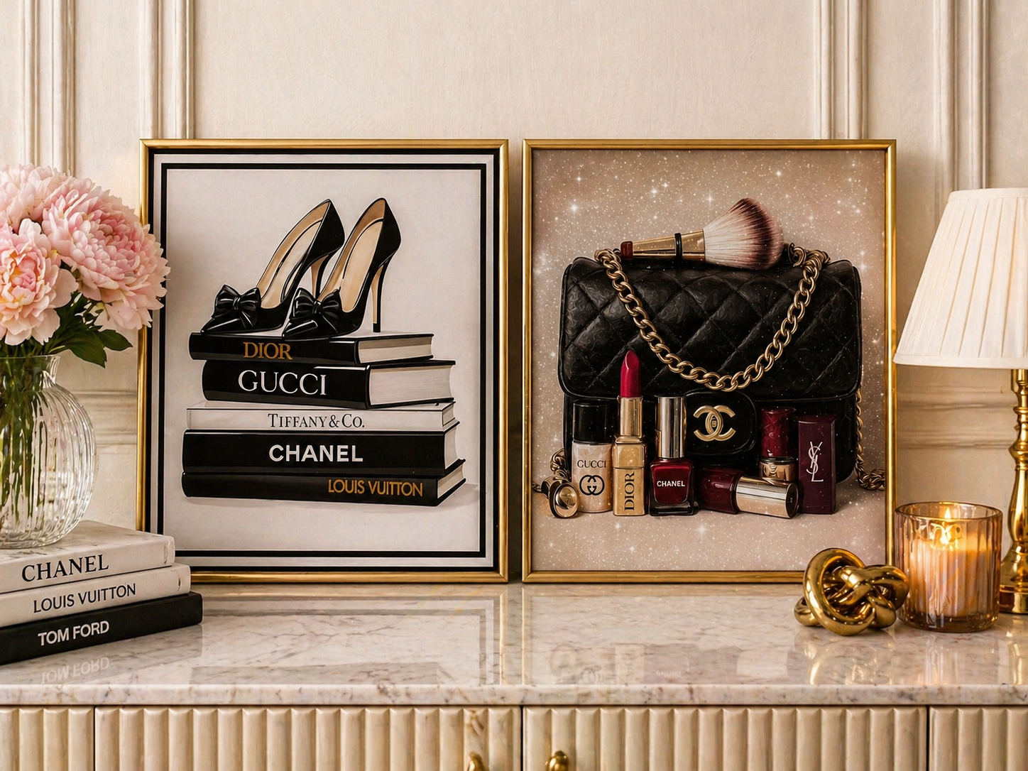 Luxury Designer Fashion Wall Art Set Framed Glam Heels Makeup Handbag Decor Set of 2