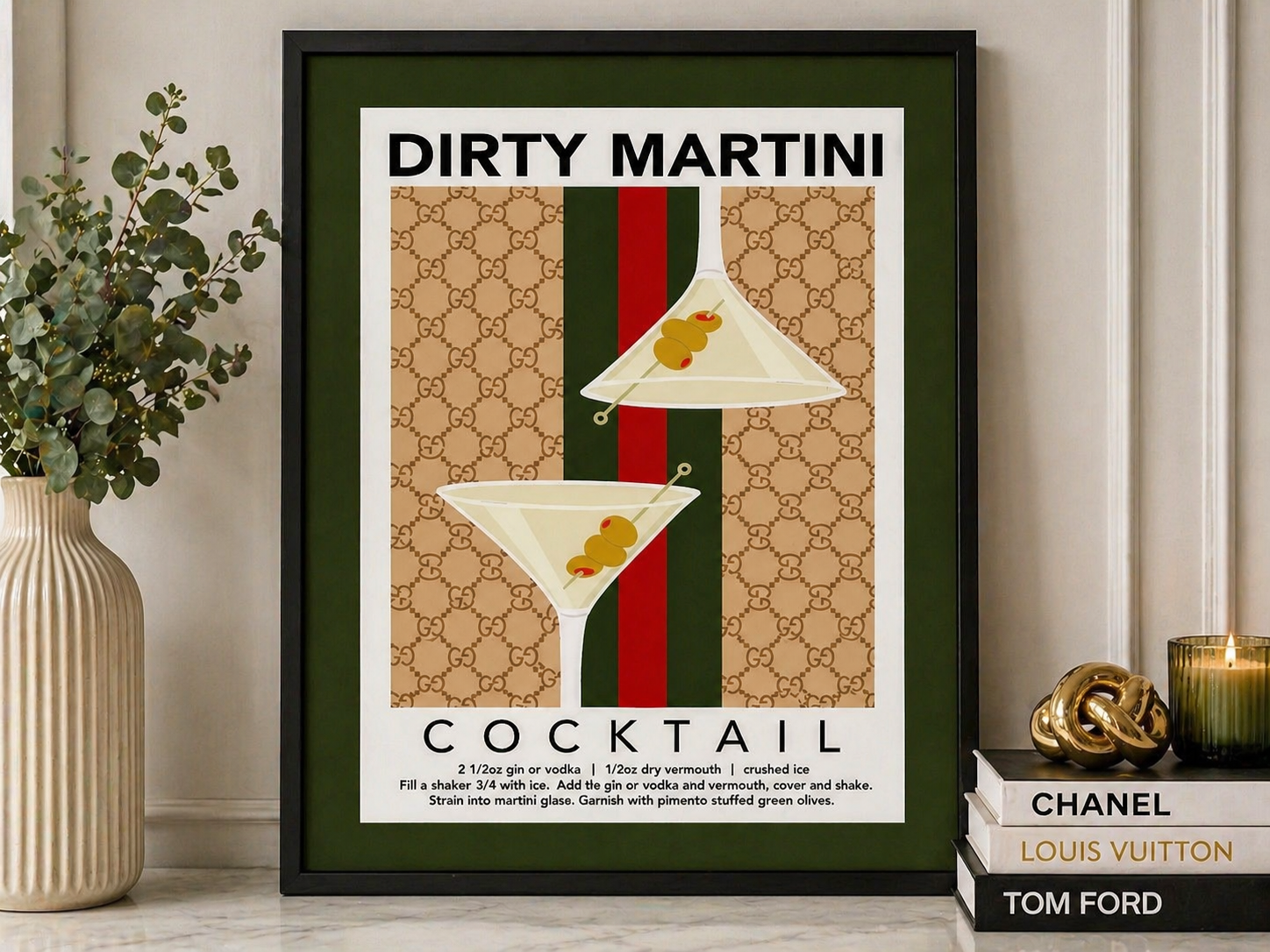 Gucci Dirty Martini Wall Art Framed Luxury Cocktail Print Designer Bar Cart Decor