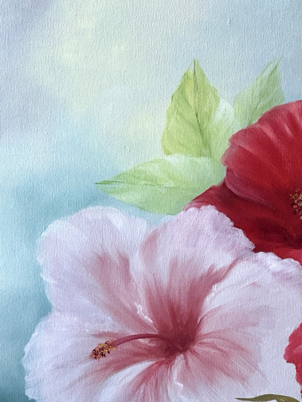 Signed Ornate Original Framed Hibiscus Painting Red Pink Flower Canvas Wall Art