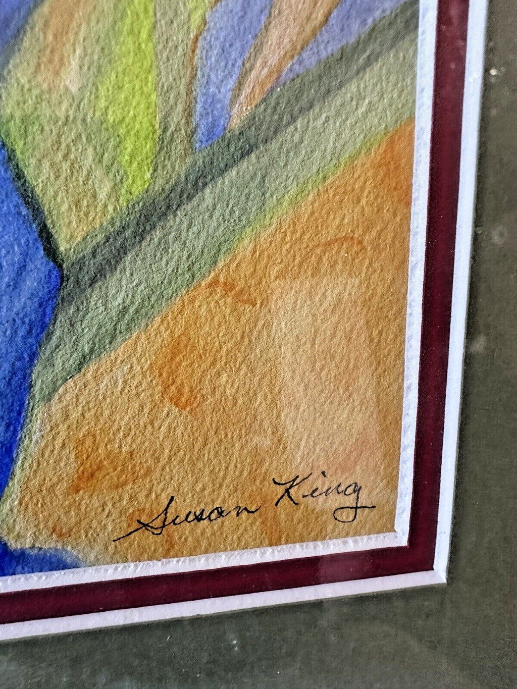 Red Framed Colorful Abtract Flower Blue Vase Art Drawing Signed Sketch By Susan King