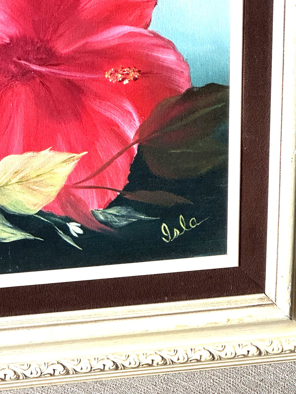 Signed Ornate Original Framed Hibiscus Painting Red Pink Flower Canvas Wall Art