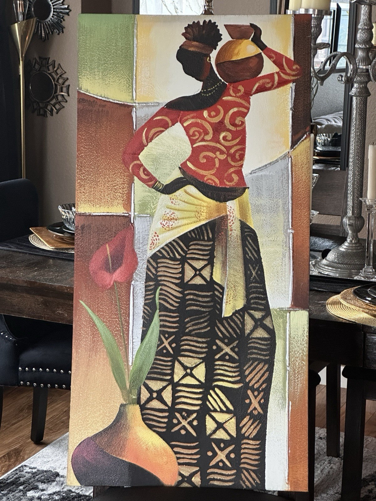 Original Colorful Oil Painting Of African Woman Holding A Water Jug Canvas Art