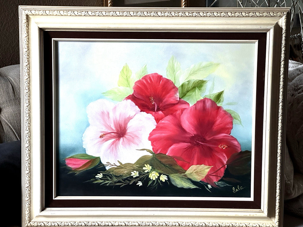 Signed Ornate Original Framed Hibiscus Painting Red Pink Flower Canvas Wall Art