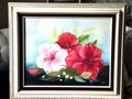 Signed Ornate Original Framed Hibiscus Painting Red Pink Flower Canvas Wall Art