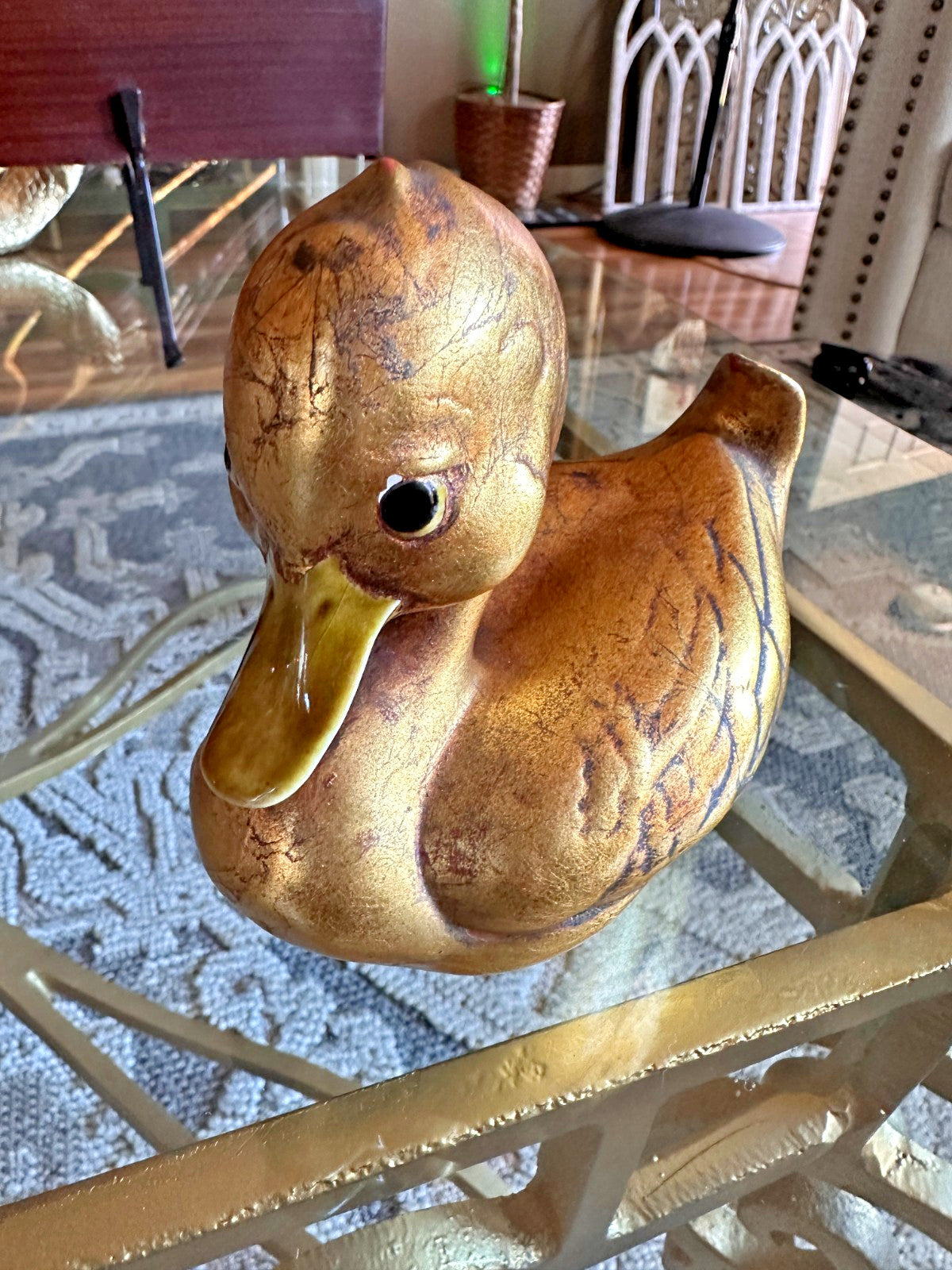 Signed Anthony Freeman Duck Sculpture Gold Ceramic Bird Figurine Vintage