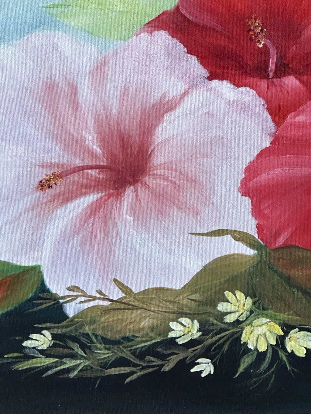 Signed Ornate Original Framed Hibiscus Painting Red Pink Flower Canvas Wall Art