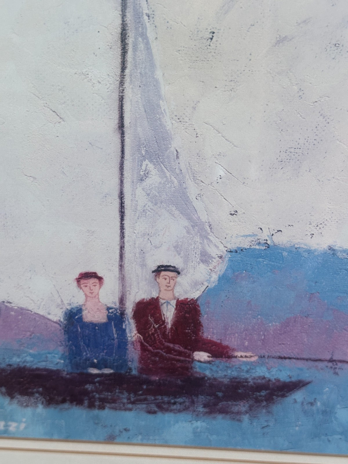 Large Wood Framed Gia Revazi Signed Art Print Called Fishing 31x27