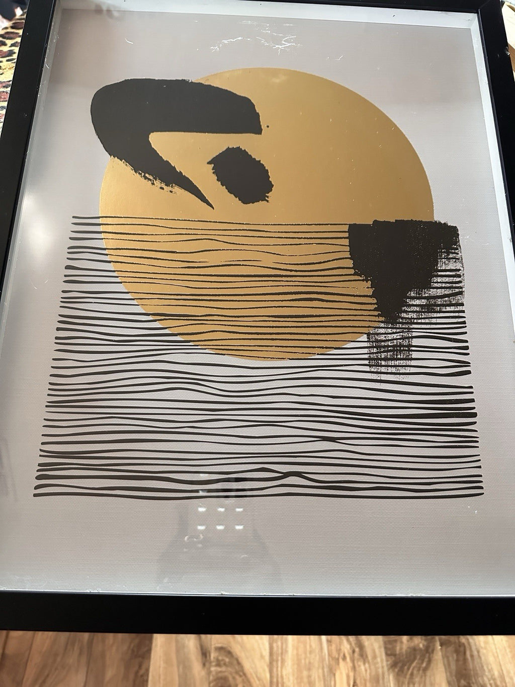 Framed Abstract Art Print Picture Gold Circle Black White Accents