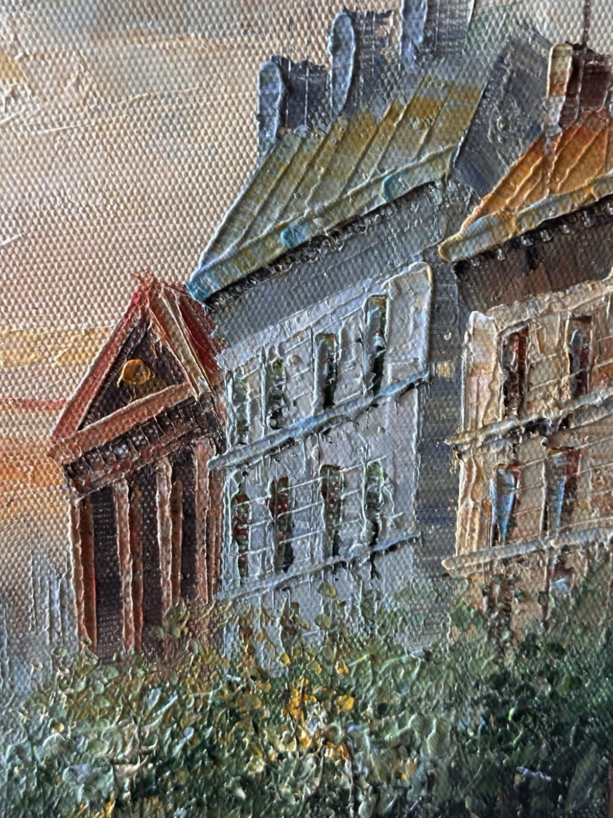 Vintage Canvas Painting Of Paris France Eiffel Tower Buildings People Signed Art