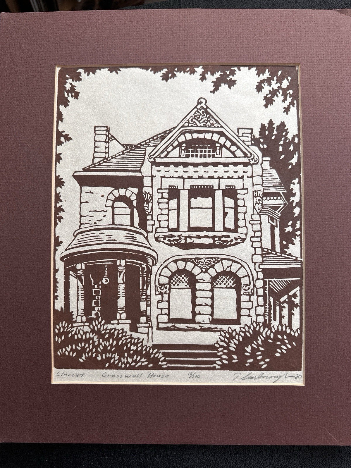 Vintage Linocut Art Pint Victorian Cresswell House Signed T Scarborough