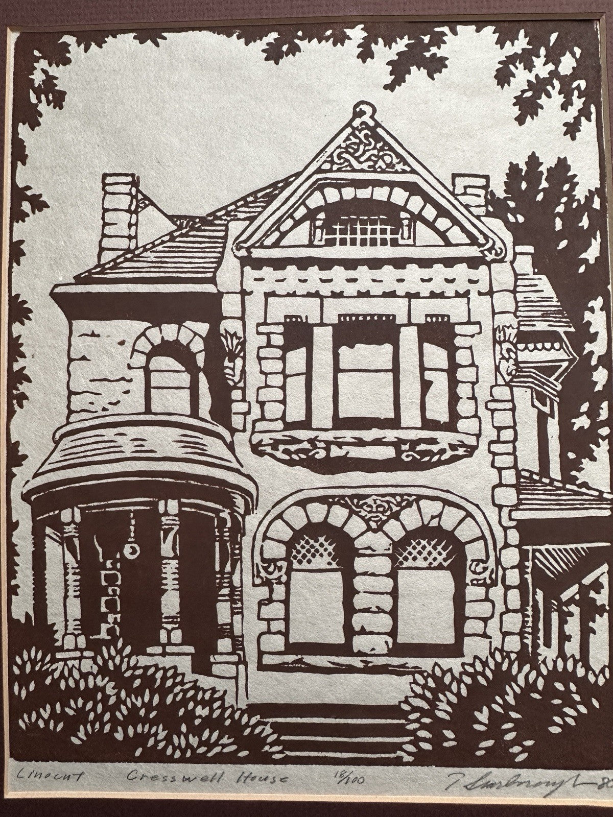 Vintage Linocut Art Pint Victorian Cresswell House Signed T Scarborough