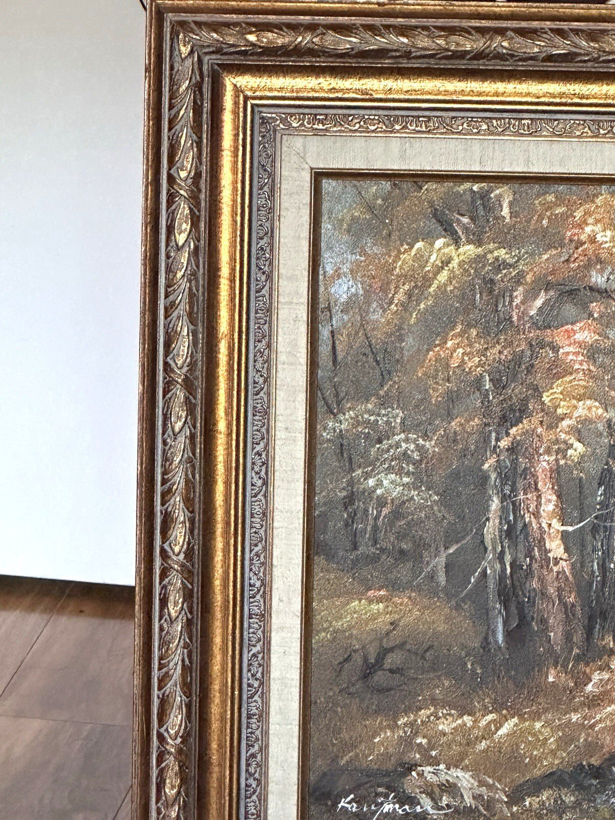 Vintage Signed Gold Gilded Framed Mountain Landscape Trees Art Painting