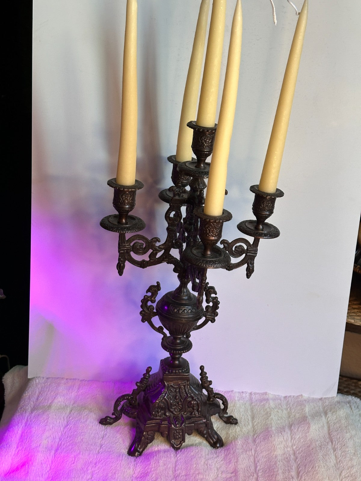 Vintage Ornate Heavy Italian Baroque Brass 5 Branch Candle Candelabra Holder