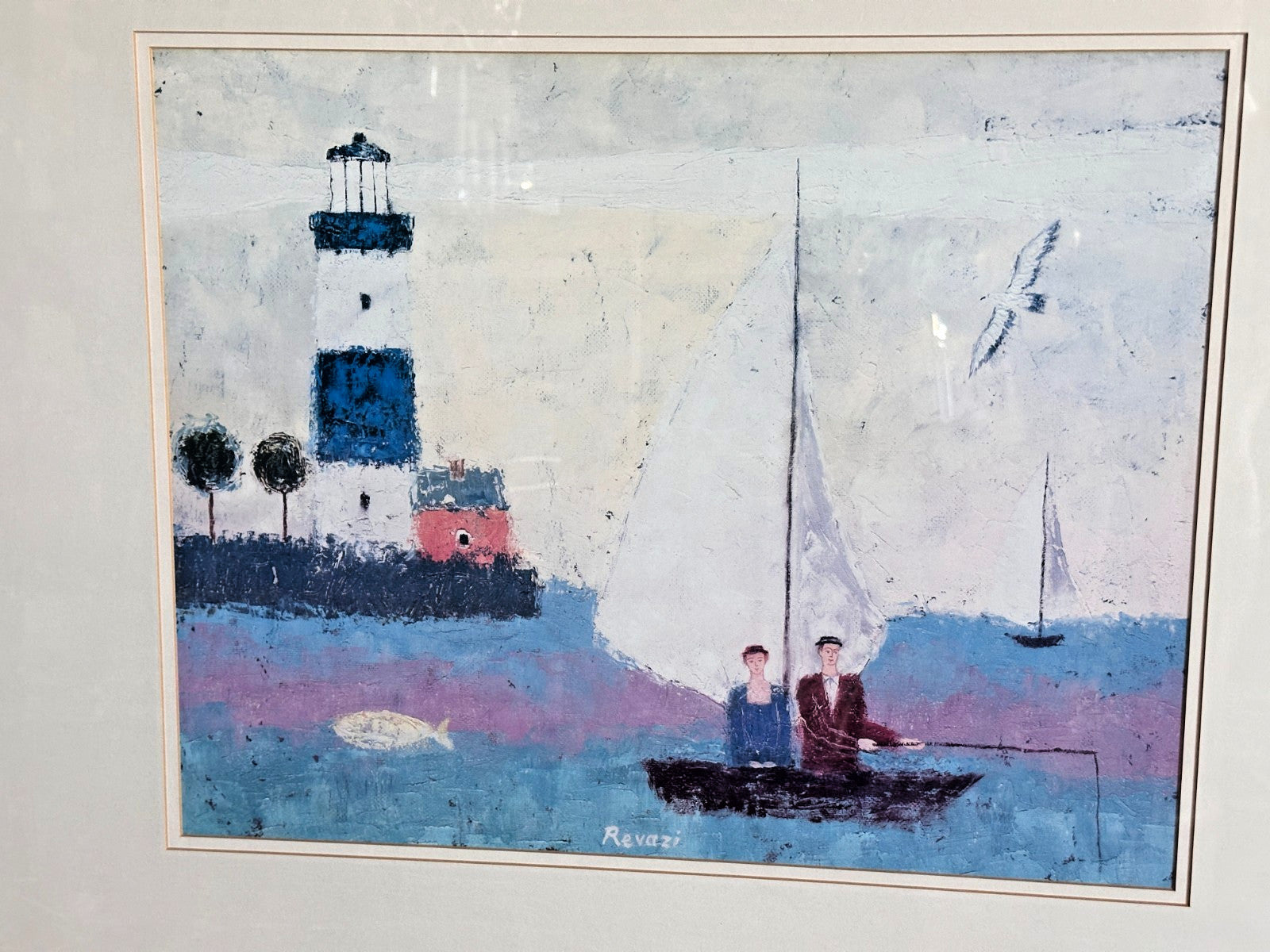 Large Wood Framed Gia Revazi Signed Art Print Called Fishing 31x27