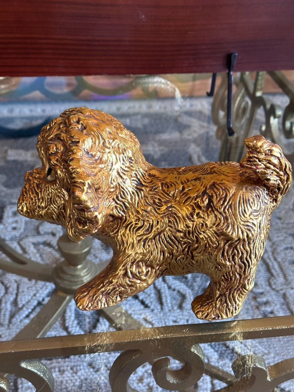 Vintage Hetrick McFarland Gold Leaf Dog Pottery Sculpture Fluffy Puppy Shih Tzu