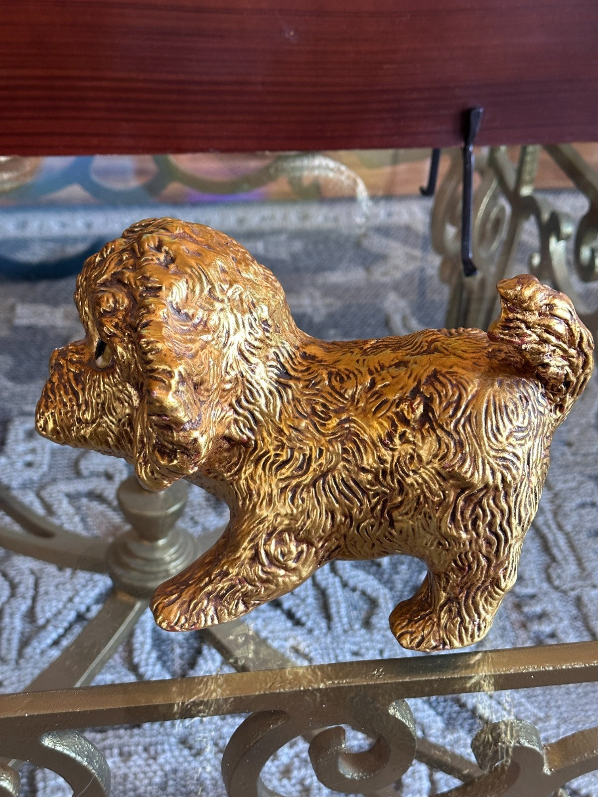 Vintage Hetrick McFarland Gold Leaf Dog Pottery Sculpture Fluffy Puppy Shih Tzu