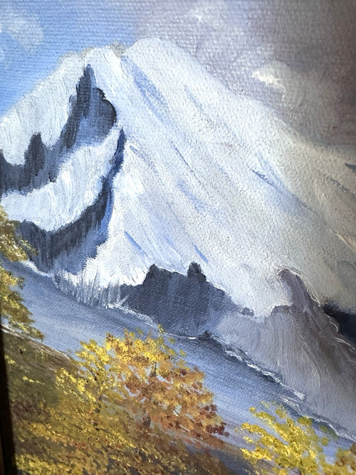 Antique 1903 Signed Art Framed Landscape Oil Painting Snow Mountain