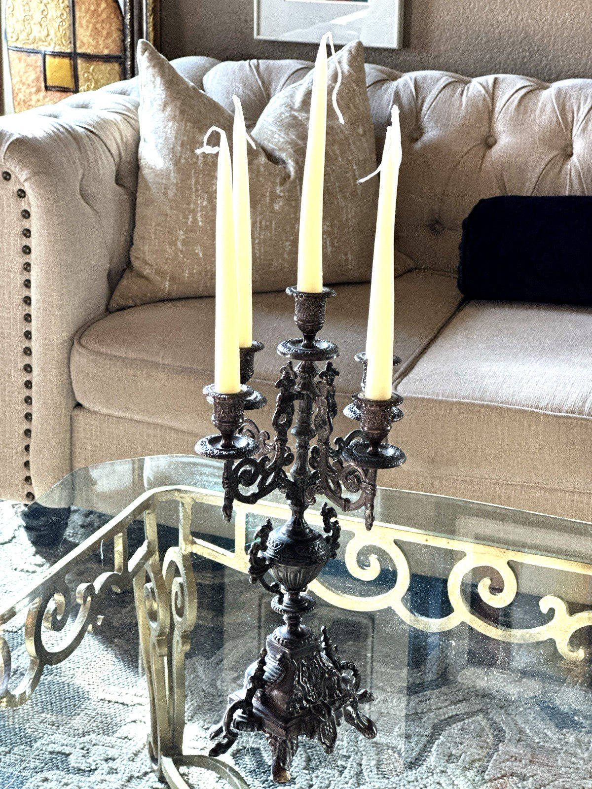Vintage Ornate Heavy Italian Baroque Brass 5 Branch Candle Candelabra Holder