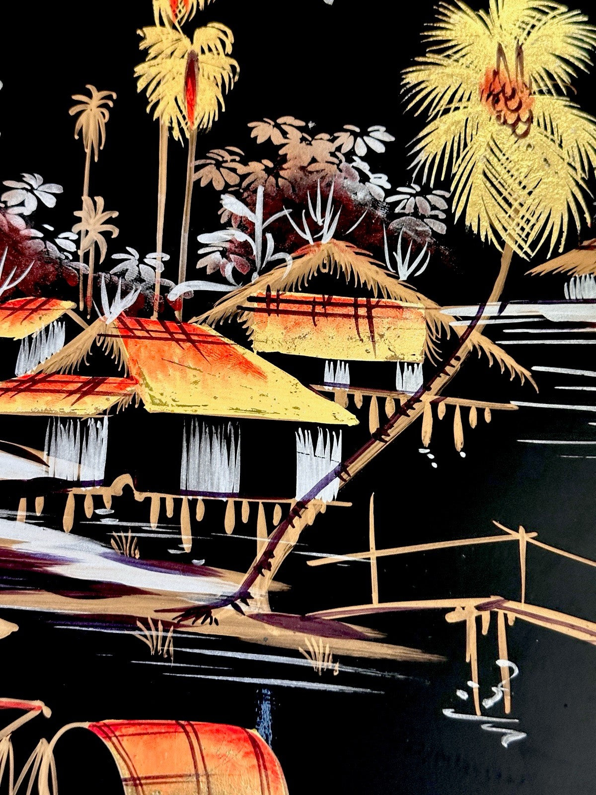 Vintage Asian Vietnamese Wood Black Lacquer Art Painting Village Scene