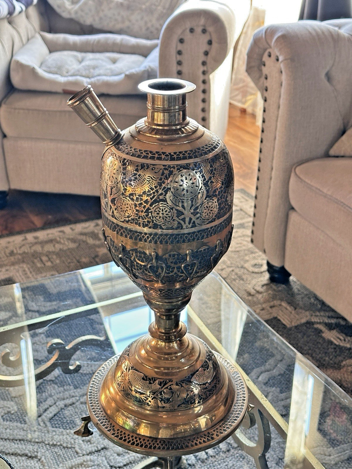 Vintage Intricate India Brass Urn Shape Engraved Inlay Fish Hookah Base Pot Vase