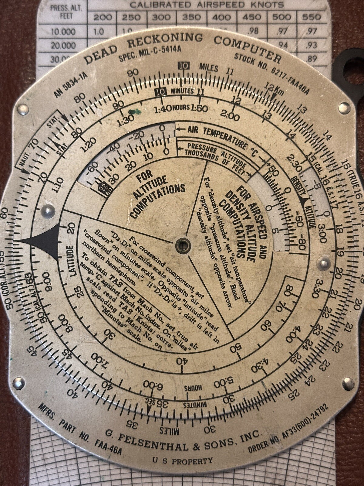 Vintage Dead Reckoning Aviation Computer Navigation Altitude Knots Computations