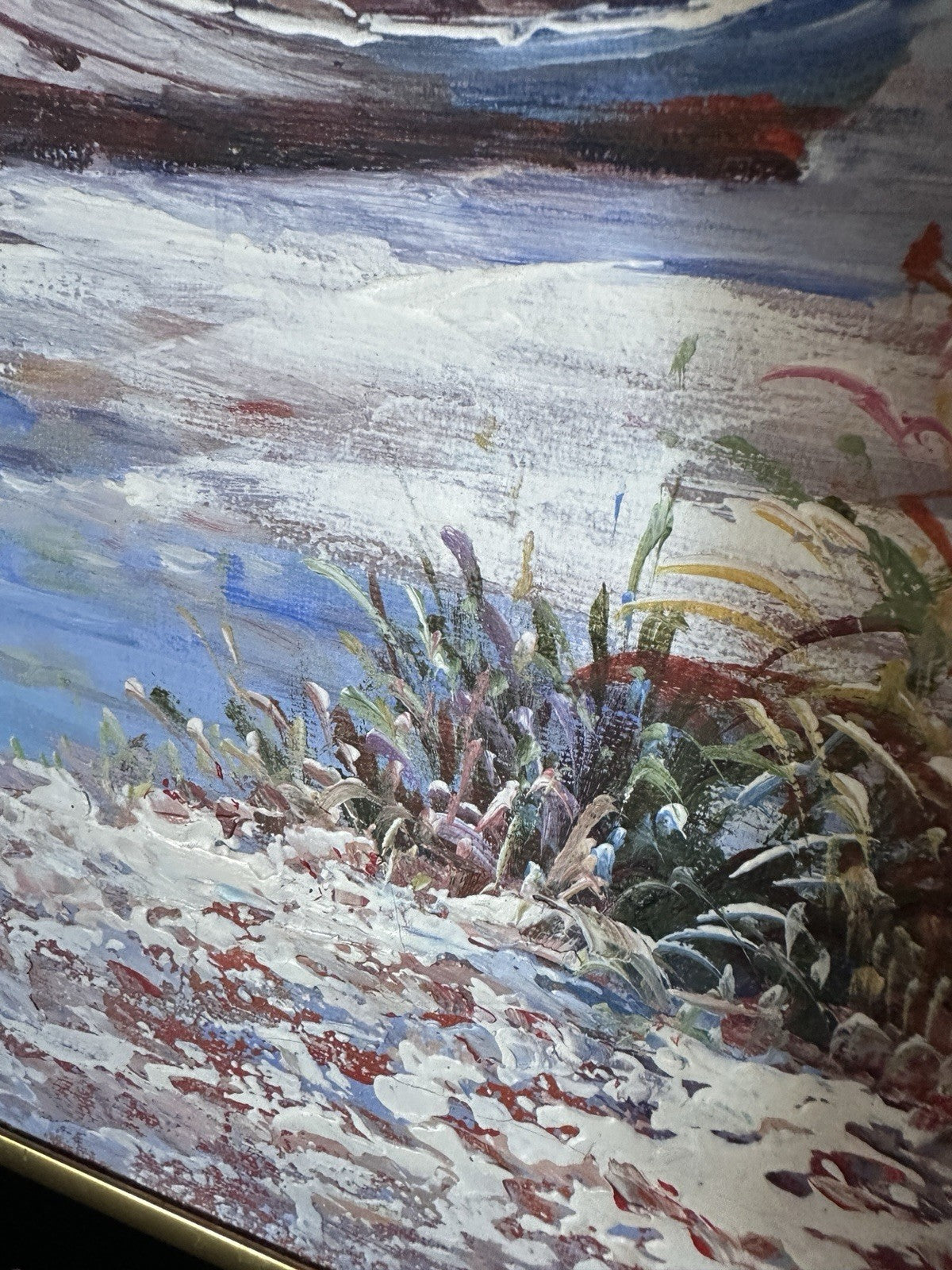 Framed Vintage Art Nautical Beach Landscape Lighthouse Birds Boat Oil Painting