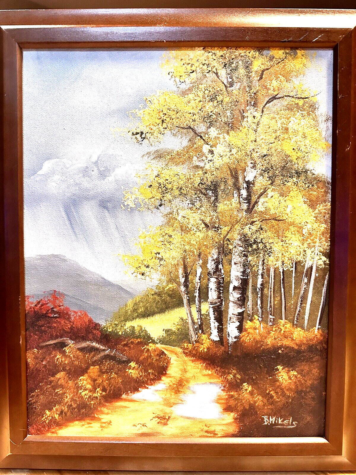 Original Signed B Mikels Wood Framed Fall Scenery Birch Trees Art Painting