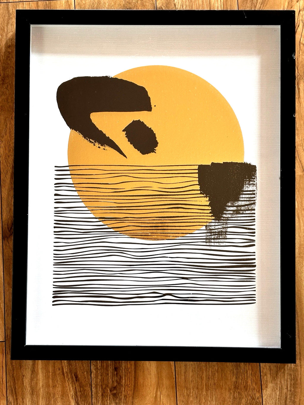 Framed Abstract Art Print Picture Gold Circle Black White Accents