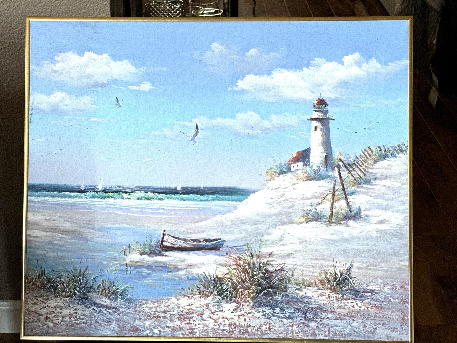 Framed Vintage Art Nautical Beach Landscape Lighthouse Birds Boat Oil Painting