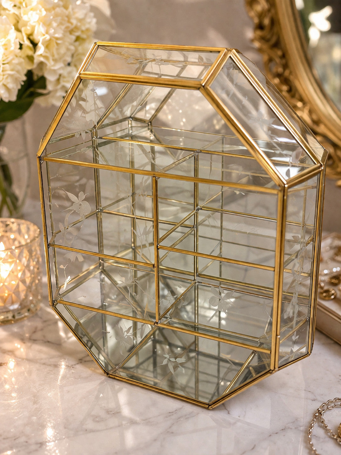 Glass Mirror Curio Wall Mini Perfume Jewelry Hexagon Terrarium Display Case Box