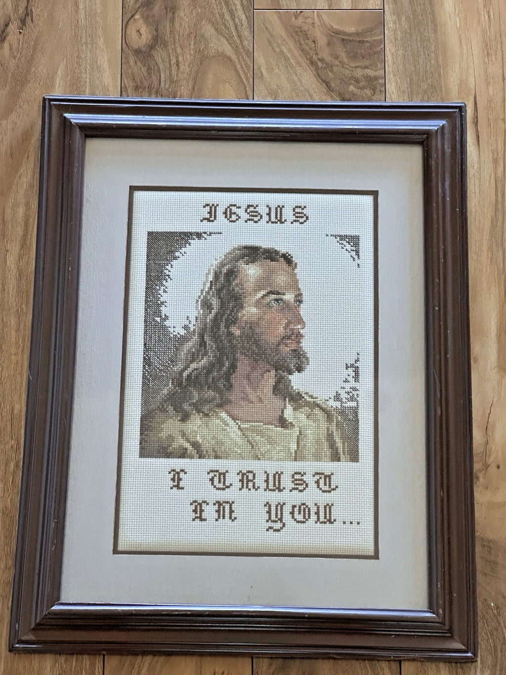 Vintage Wood Framed Finished Completed Jesus Christ Cross Stitch Needlepoint Art