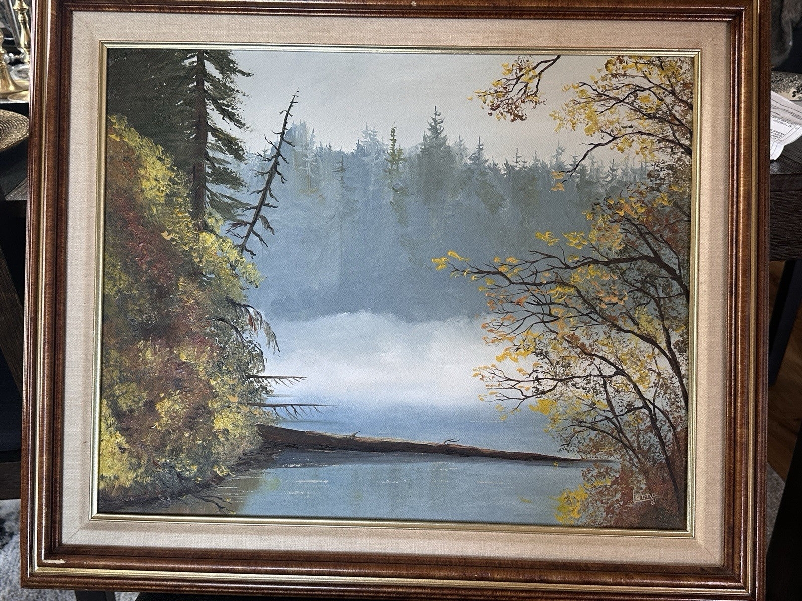 Vintage Oil Painting Nature Water Forest Landscape Framed Original Signed Art
