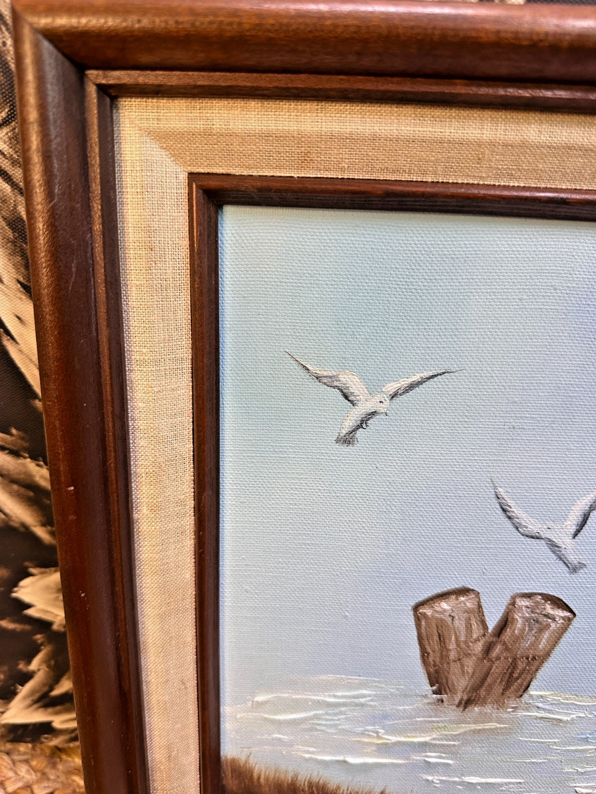 Framed Vintage Original Oil Painting Seagull Bird Coastal Water Seascape Art