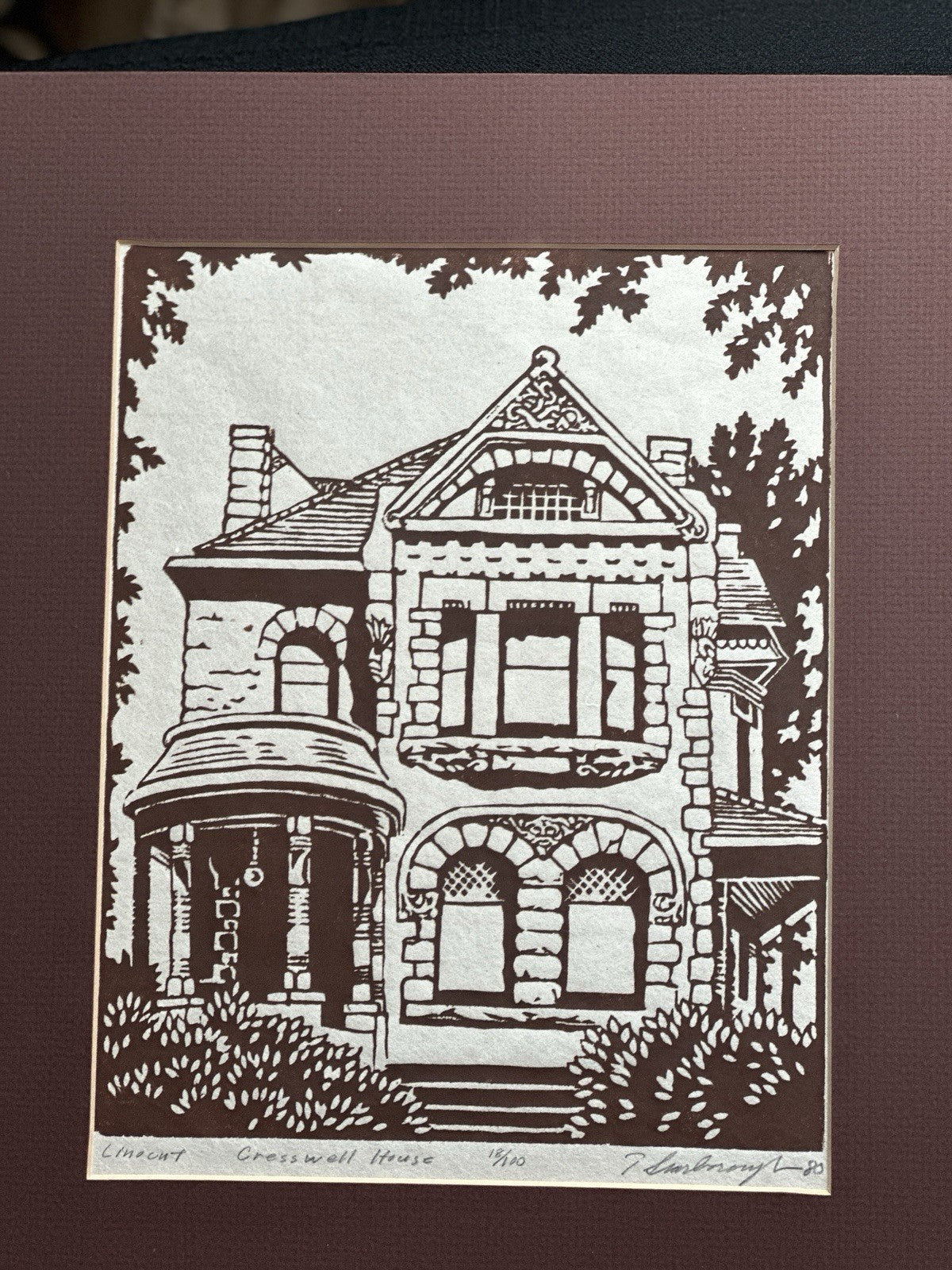Vintage Linocut Art Pint Victorian Cresswell House Signed T Scarborough