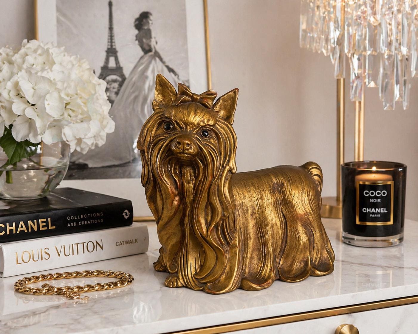 Vintage Kay Finch Gold Yorkshire Terrier Sculpture  Luxury Glam Dog Figurine, Designer Style Home Decor Accent