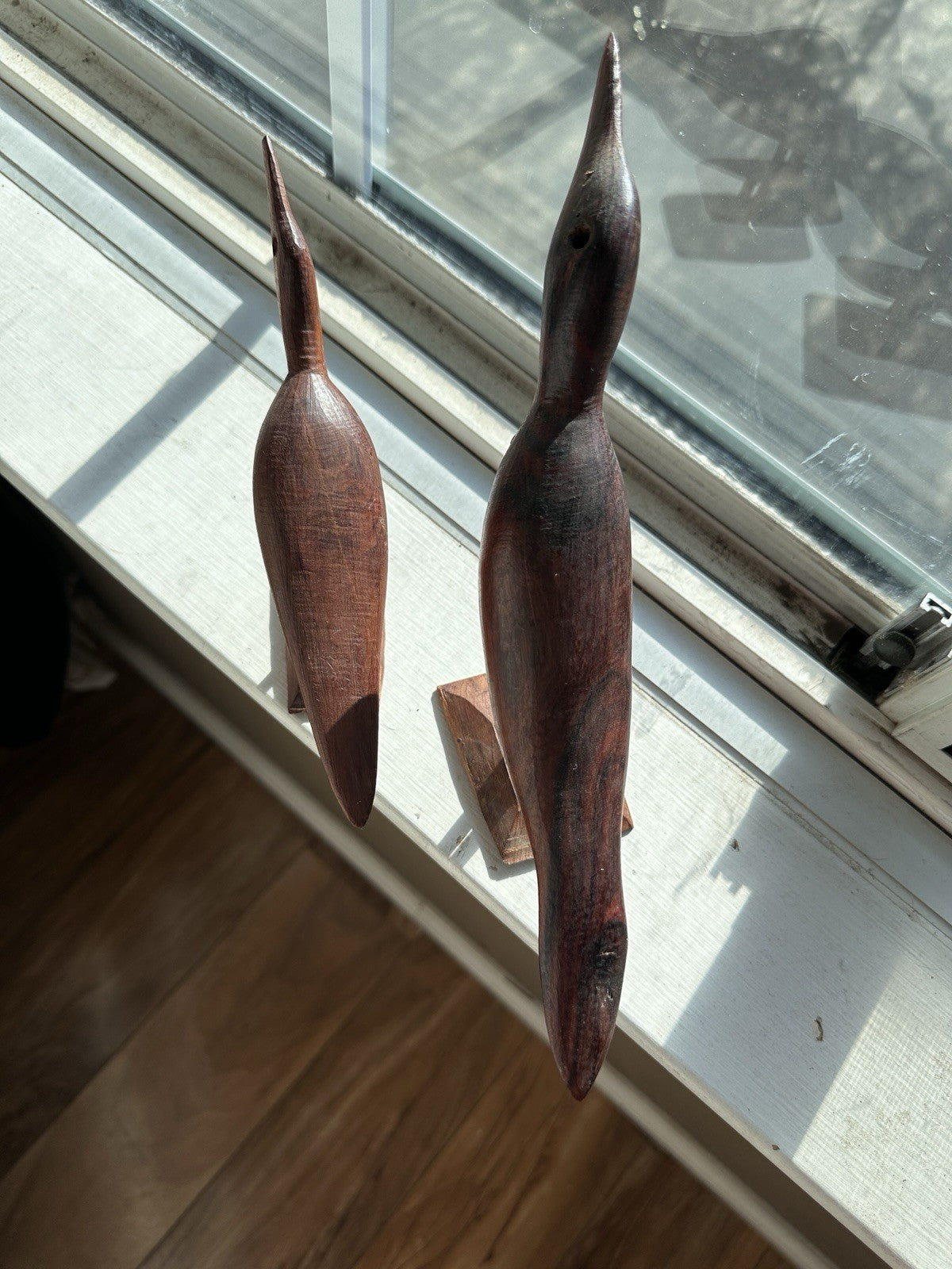 Pair Teak MCM Hand Carved Wooden Sea Shore Wading Bird Sculpture Nautical