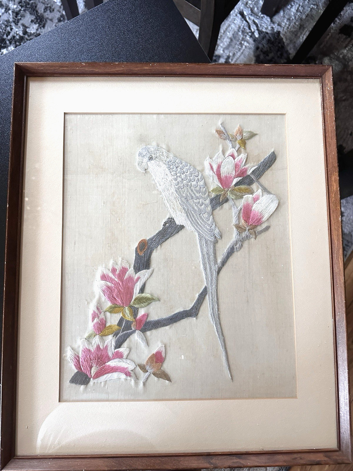 Vintage Framed Silk Textile Embroidery Parrot Bird Pink Flowers Art