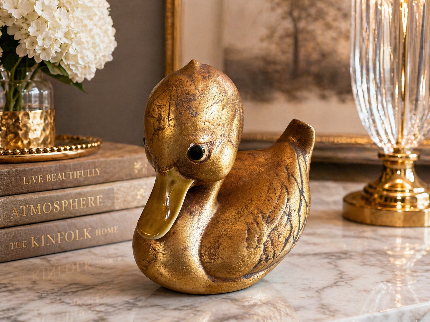 Signed Anthony Freeman Duck Sculpture Gold Ceramic Bird Figurine Vintage